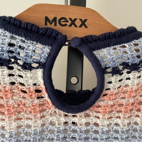 INC Crochet Knit Short Sleeve Sweater Striped Blue White Peach Petite Large - Picture 2 of 8